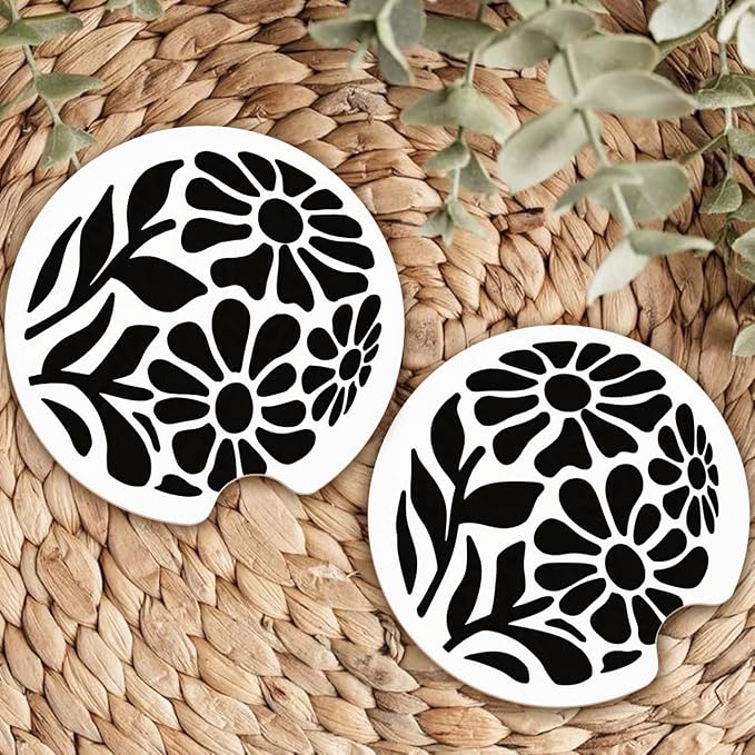 Ceramic Car Coasters – Absorbent Car Cup Holder Coaster Set for Women, Cute Aesthetic Car Accessories for Girls, 2 Pack (Onyx)