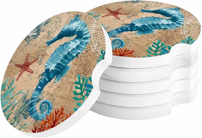 Small Coasters for Cup Holders - Absorbent 2.65" Ceramic Stone Drink Auto Coasters 2 Pack - Nautical Seahorse Design