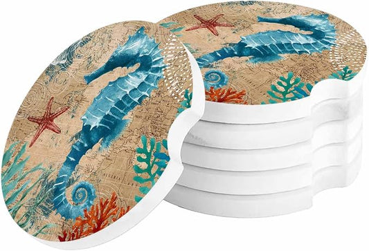 Small Car Coasters for Cup Holders 2.65" Absorbent 6 Pack Car Coaster Ceramic Stone for Drinks Absorb Water Drops Nautical Theme Sea Life Seahorse Starfish and Seaweed