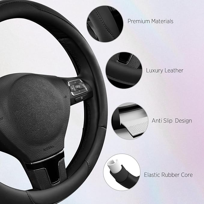 Road Comforts Steering Wheel Cover, Breathable Anti-Slip Leather Steering Wheel Cover, Universal Fit 14.5–15 Inch, Comfortable Grip - Black Color