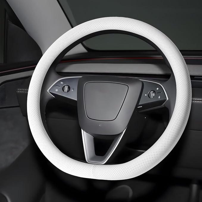 Microfiber Leather Universal 14.5-15 inch Steering Wheel Cover,Easy to Install Non-Slip Breathable Steering Wheel Protector White