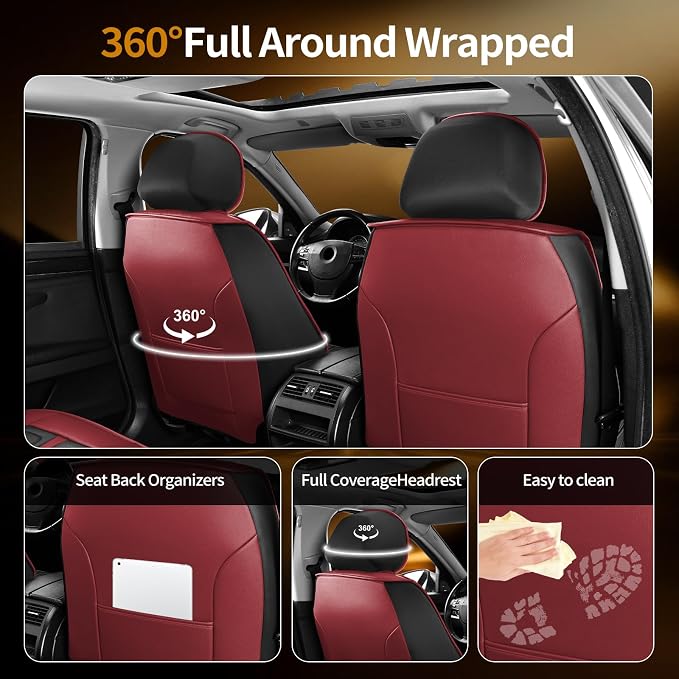 Fit Titan Car Seat Covers Compatible with Nissan Titan 2009-2024 2025 2026.Full Coverage Waterproof Leather,All-Weather Seat Cushion Protector-Easy Installation(2 Front,Red)