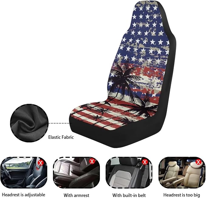 Palm Trees Front Car Seat Cover US Flag Auto Interior Accessories 2 Pcs Set Stretch Polyester Fabric Cover Patriotic All-Season Protection Suitable for Most Cars,SUV,Sedan
