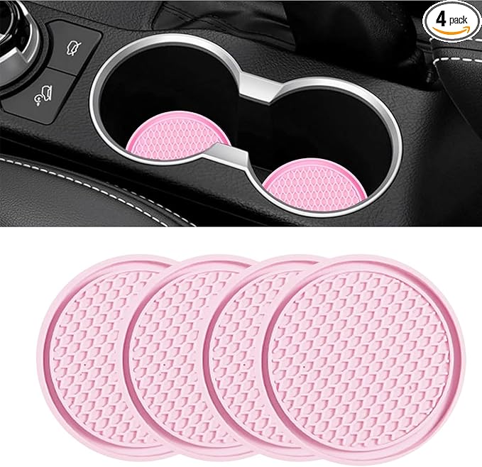 ijuicy 4 PCS Car Cup Holder Coaster, 2.75 Inch Non-Slip Insert Coaster, Silicone Car Coasters, Honeycomb Shape Waterproof Cup Mats, Universal Car Interior Accessories (Pink)