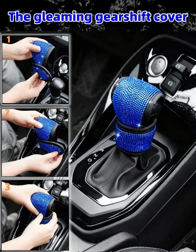 11 pcs Bling Car Accessories Set for Women,Steering Wheel Cover,Sparkly Seat Belt Covers,Daisy Vent Clips,Bling Shift Cover,Car Cup Holder Coaster,Universal Fit Most Cars (Blue Diamond)