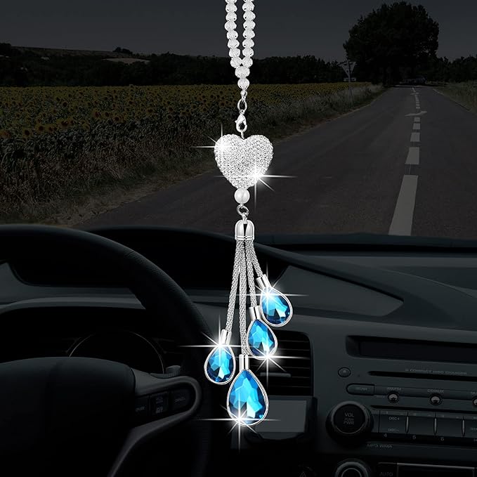 Frienda Bling Car Rear View Mirror Accessories for Women Gift Cute Heart Crystal Hanging Charm Diamond Decoration Lucky Interior Ornament Pendant(9.8 Inch,Blue)