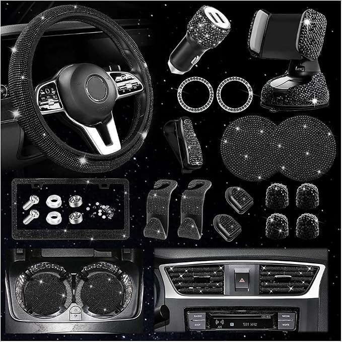 Osilly 27PCS Bling Car Accessories Set for Women, 15 Inch Reinestone Crystal Steering Wheel Covers License Plate Frame USB Charger Phone Holder Coasters, Vehicle Decorations, Universal Fit（Black）