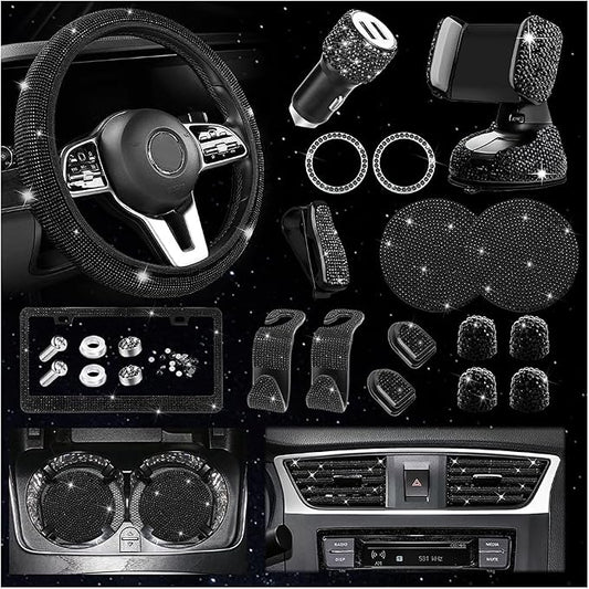 Osilly 27PCS Bling Car Accessories Set for Women, 15 Inch Reinestone Crystal Steering Wheel Covers License Plate Frame USB Charger Phone Holder Coasters, Vehicle Decorations, Universal Fit（Black）