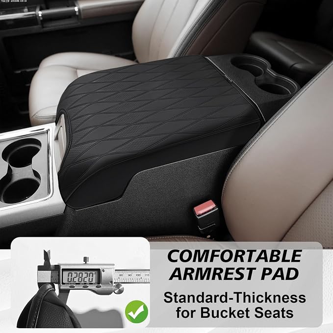 Muslogy Center Console Armrest Cover Fit for Ford F150 2015-2020&F250 F350 F450 2017-2022&Expedition 2018-2024 Accessories, Armrest Pad Console Lid Cushion Vegan Leather Regular Thick (Bucket Seat,V2)