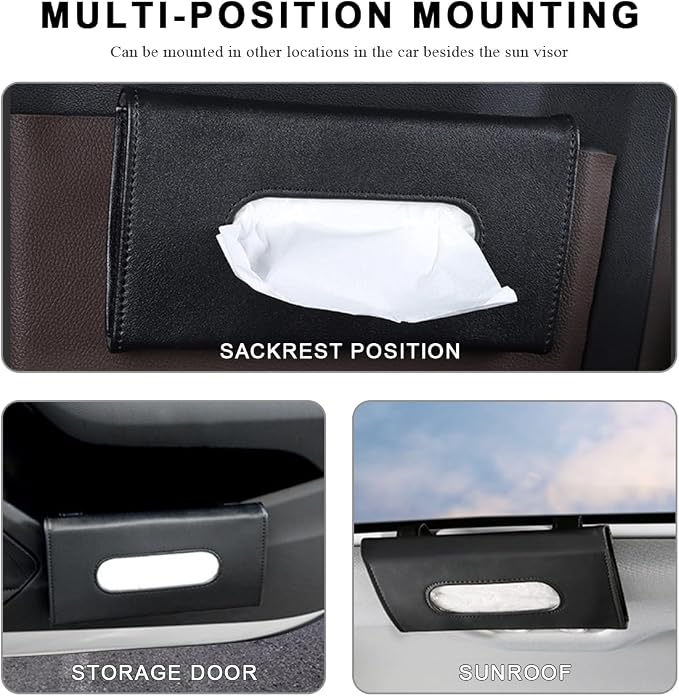 Car Tissue Holder, Vehicle Sun Visor Napkin Box Hanging Paper Towel Dispenser with Tissues Refill, Leather Backseat Paper Towel Case Visor Napkin Storage Holder for Most Cars (Black)