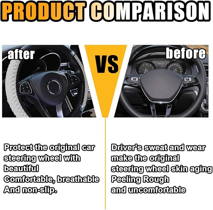 JOYCOURT 15 Inch Bling Soft Leather Car Steering Wheel Cover, White | Colorful Rhinestones Design, Auto Elastic Protector for Women Girls, Crystal Diamond Car Accessories for Most Cars, SUVs