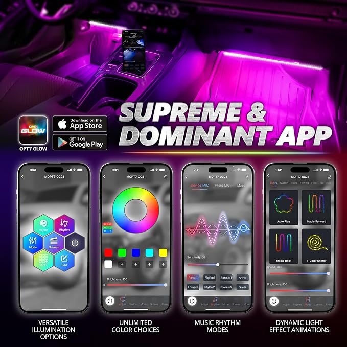 OPT7 Aura Pro Multicolor Interior Car Lights with App & Remote, 4PC LED Kit | Interior Ambient Glow, Music Sync Lighting, 12V Car Charger, RGB LED Light Strips, SUV Under Dash Decor