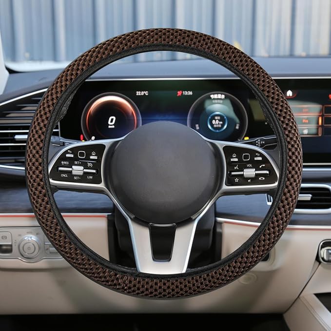 Elastic Stretch Steering Wheel Cover, Anti-Slip, 15inch, Coffee | Microfiber Odorless Breathable Ice Silk Car Steering Wheel Protector, Easy Carry, Warm in Winter & Cool in Summer