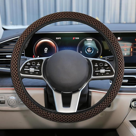 Elastic Stretch Steering Wheel Cover, Anti-Slip, 15inch, Coffee | Microfiber Odorless Breathable Ice Silk Car Steering Wheel Protector, Easy Carry, Warm in Winter & Cool in Summer