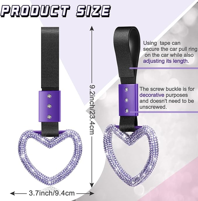 Fabbay Bling Car Accessories Bling Heart Handle Ring Car Accessory for Women Hearts Strap Drift Charm Rear Bumper Warning Ring Decoration for Auto Bus Interior Exterior (Light Purple,Heart Style)