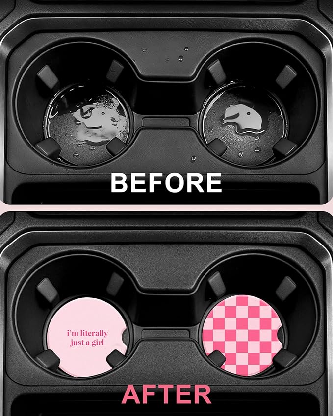 Swooflia Car Coasters for Women - Checkered Ceramic Car Cupholder Coaster Cool Absorbent Mat Coaster with Cork Base 2 Pack Automotive Cup Holder Accessories New Driver Gifts for Decor