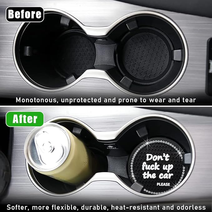 Ohleats 2 PCS Bling Car Cup Coaster, 2.75 Inch Non-Slip Don't Fuck Up My Car Please Cup Holder Insert Coaster, Crystal Rhinestone Auto Drink Cup Mat, Universal Car Accessories (Black)