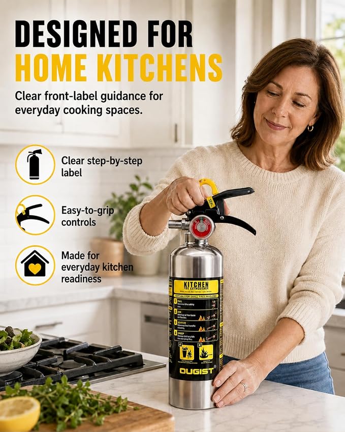 Ougist Class K Fire Extinguisher for Kitchen, 1-A:K, 40 Fl Oz Wet Chemical | For Small Cooking Oil and Grease Fires with Quick-Pull Access and Easier Cleanup for Kitchen and Food Truck Use