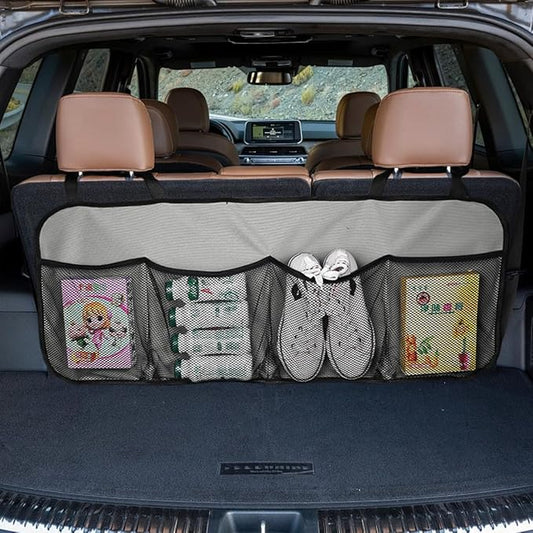 Car Trunk Organizer, Large Capacity Backseat Hanging Storage Bag with 4 Pockets, Waterproof Foldable Car Interior Organizing Accessories, Universal for SUV, Truck, Van, MPV (Grey)