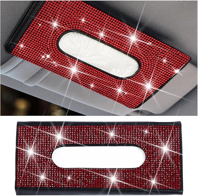 Bling Car Sun Visor Tissue Box Holder, Leather Automotive Napkin Box Holder Organizer with Crystal Rhinestone, Sparkling Vehicles Sun Visor Paper Towel Cover Case, Universal Fit (Red)