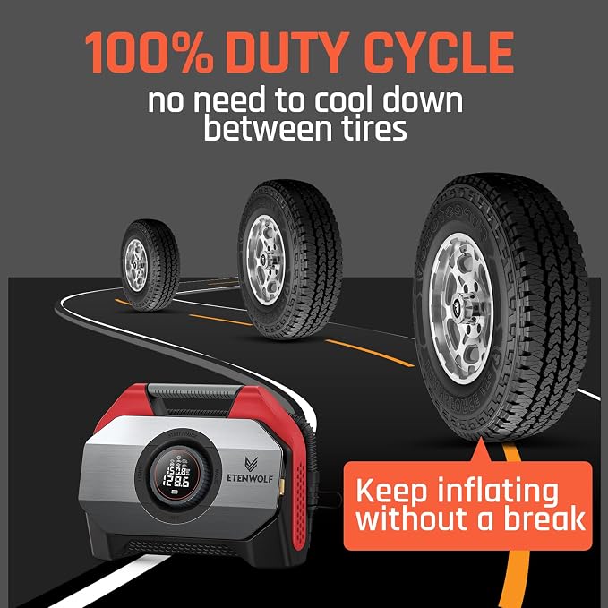 ETENWOLF VORTEX S6 Tire Inflator Portable Air Compressor for Heavy-duty Vehicle, Cordless Air Pump for Car & Inflatables with 19200 mAh Battery, 100% Duty Cycle & Dual Cylinder Bike Pump, Red