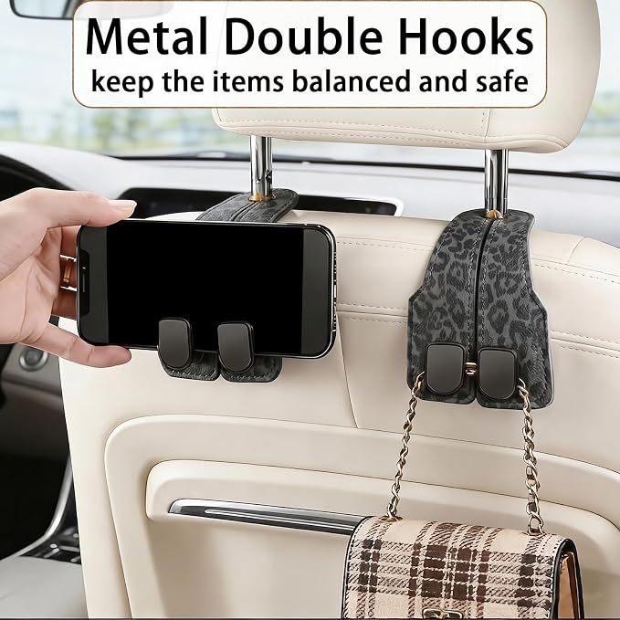 Car Hooks for Headrest: 2Pcs Headrest Hooks for Car - Premium Leather Double Metal Hook - Purse Hook for Car Headrest - Car Headrest Hooks for Purses, Handbags, Bags - Black Leopard