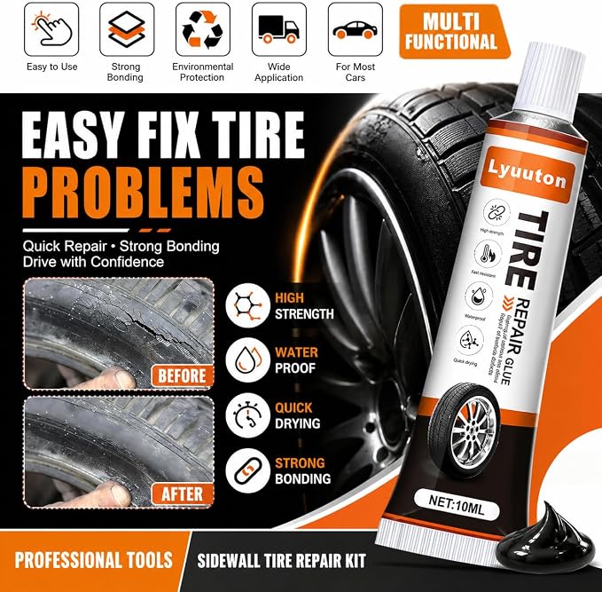 Tire Repair Kit with Tire Glue & Rubber Cement - Heavy Duty Tire Repair Glue for Car, Truck, Motorcycle - Fix a Flat Tire Sealant & Puncture Plug Kit - Durable Tire adhesive Sidewall Repair 2pcs