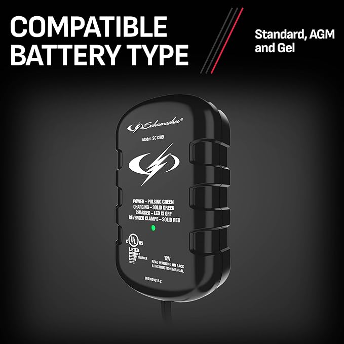 Schumacher Electric 0.8A Car Battery Charger and Maintainer,2-in-1 Solution,for 12V Power Sport,Automotive,and Marine Batteries,SC1299,(Pack of 4)
