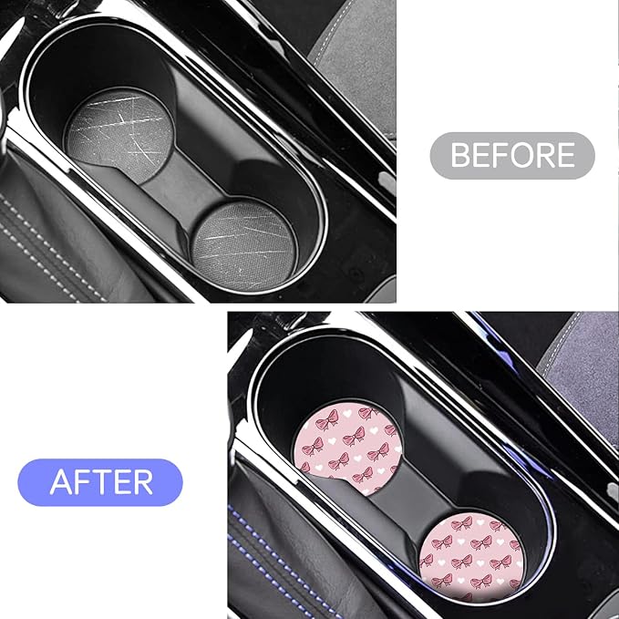 2 Pack Car Cup Holder Coasters, Pink Bows Insert Car Coaster, 2.75 Inch Anti Slip Shockproof Embedded Drink Mat, Vehicle Interior Decor Accessories (Pink-Bows)