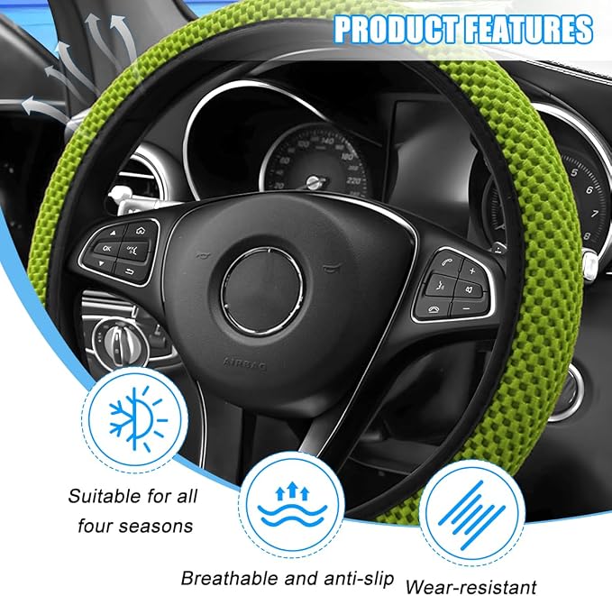 Car Elastic Stretch Steering Wheel Cover, 14.5-15" Breathable Ice Silk Anti-Slip Vehicle Steering Wheel Protector, Comfy Auto Interior Protection Accessories, Universal Fit (Grass Green)