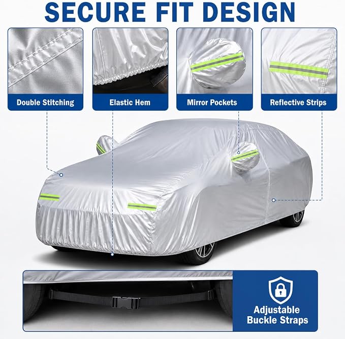 GXARTS 5-Layer Heavy Duty Car Cover for Sedans (185"L x 74"W x 60"H) | Waterproof Vinyl Outer,All-Weather Outdoor Indoor | Windproof Straps, Mirror Pockets, Door Zipper | UV Snow Rain Dust Protection