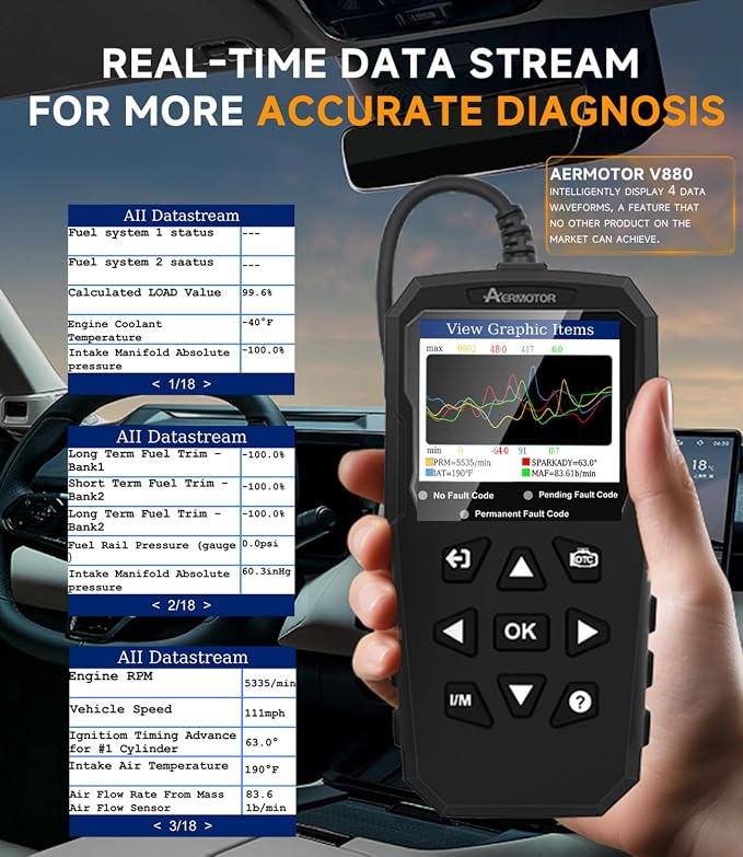 OBD2 Scanner,V880 Check Engine Light Car Code Reader with Reset,4-in 1 Graphic Live Data,I/M Smog Test, CAN Scan Tool Diagnostic Scanner for All OBDII Vehicles,Work for DIY,Home Use,Mechanic