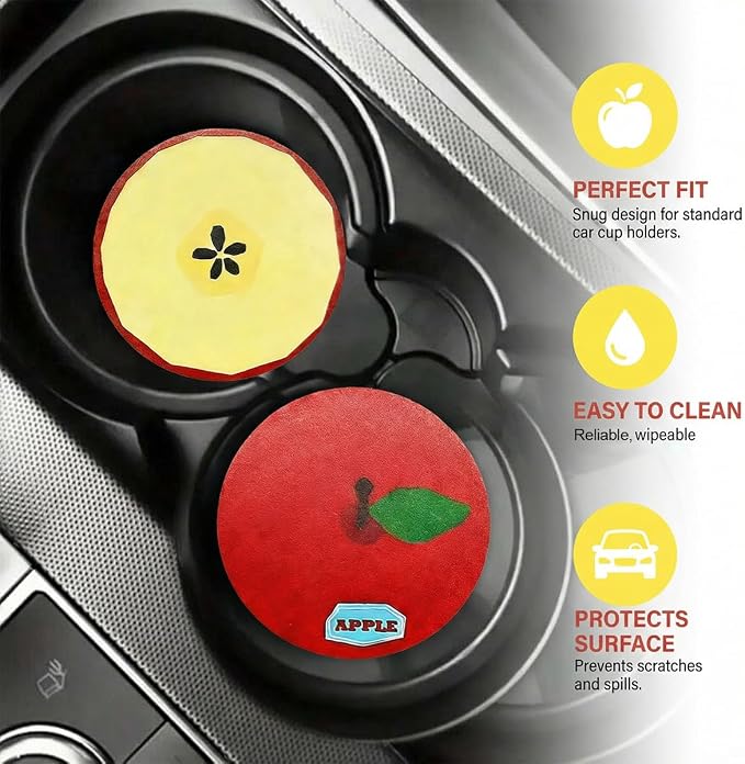 2PCS Fruit Pattern Car Cup Coasters, Cute Drink Insert Coaster, Non-Slip Car Cup Holder Coaster, Automotive Interior Accessories Water Bottle Holder Pad for Most Vehicles (Red)
