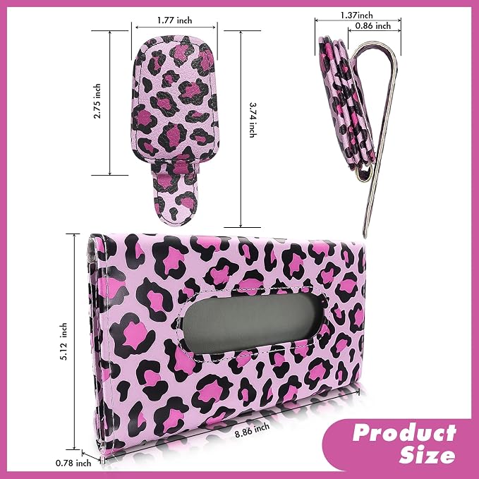 2 Pcs Sunglass Holder and 1Pcs Car Tissue Holder for Car,Magnetic Leather Sunglasses Holder Car Sun Visor Glasses Hanger Clip,Car Interior Accessories for Women(Pink Leopard Print)