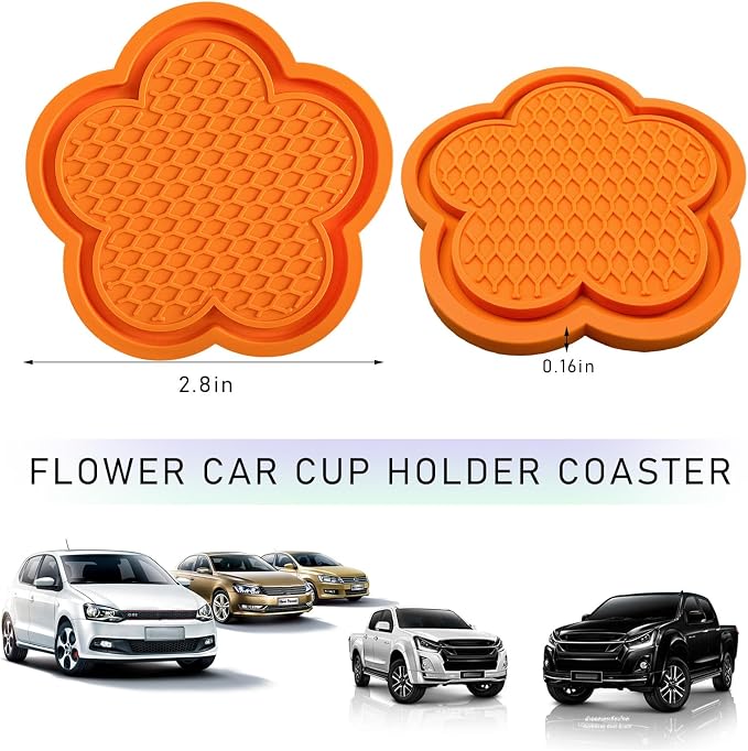 DXNQ 2 PCS Car Cup Coasters, Cute Flower Shaped Car Cup Holder Mat, PVC Waterproof Anti Slip Vehicle Cup Holder Insert Coaster, Universal Car Interior Decor Accessories (Orange)