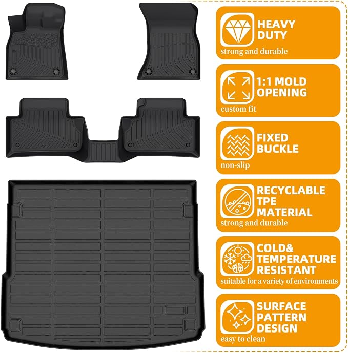 Floor Mats for Audi Q5 & SQ5 2018 2019 2020 2021 2022 2023 2024 2025 | TPE 2020 Q5 Floor Mats 1st & 2nd Row & Cargo Liner,Waterproof Summer Winter Non-Slip Floor Liners Car Accessories