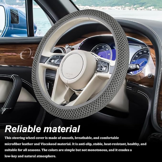 Breathable Elastic Steering Wheel Cover,15 Inch Stretch Steering Wheel Protector,Microfiber Ice Silk Anti-Slip Car Wheel Cover,Odorless Comfort Grip Interior Accessory for Cars SUV Truck（Grey）