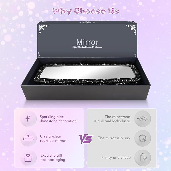 Bling Car Rear View Mirror, Rearview Accessories with Rhinestones Crystal Diamonds，Bling Car Accessories for Women (Black)