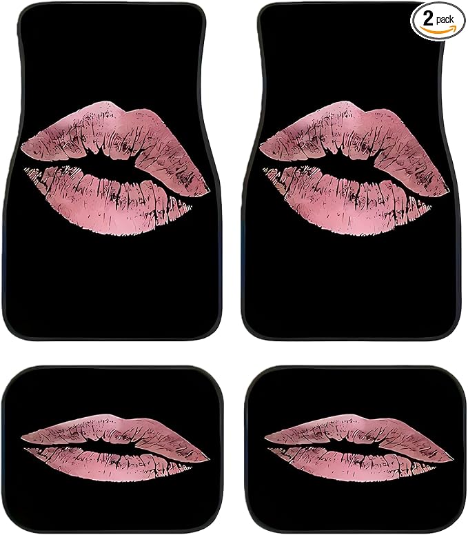Universal Fit Car Floor Mats Set of 4Pcs, All-Weather Front Rear Car Carpet Mats, Pink Lip Print Non-Slip Car Floor Mat Car Accessories for Automotive Trucks SUV Sedans Vans