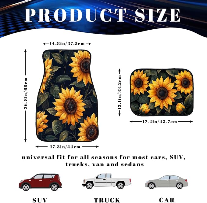 Sunflower Car Floor Mats Set of 4 Black Yellow Vintage Watercolor Automotive Car Floor Carpets Non-Slip Auto Car Accessories Universal Fit Car Accessories for Truck