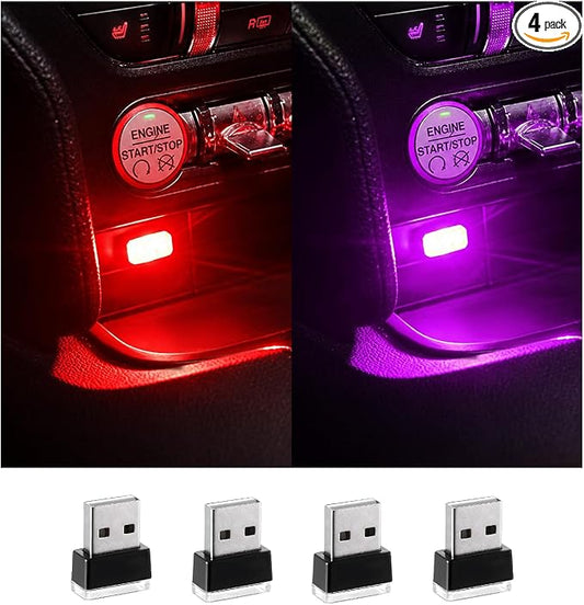 Augeny 4 PCS USB LED Car Interior Atmosphere Lamp, Plug-in USB Decor Night Light, Portable Auto Ambient Lighting Kit, Universal Vehicle Interior Accessories for Most Cars (2 Red+2 Purple)