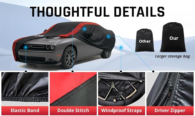 Challenger Car Cover Waterproof All Weather with Red Strip Design, Custom Fit for Dodge Challenger 2008-2026 SXT GT R/T Scat Pack SRT Hellcat, Challenger Accessory with Door Zipper & Windproof Straps