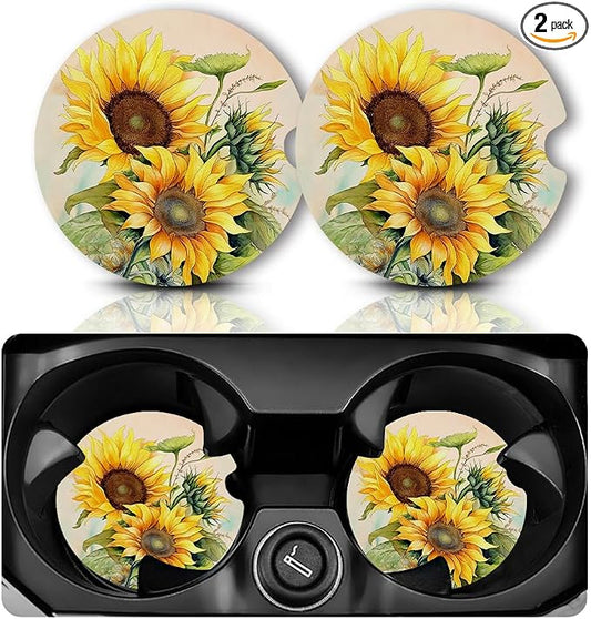 Yonlevres Car Coasters for Cup Holders, 2.75" Anti Slip Rubber Mat with a Finger Notch, 2 Pack Sunflower