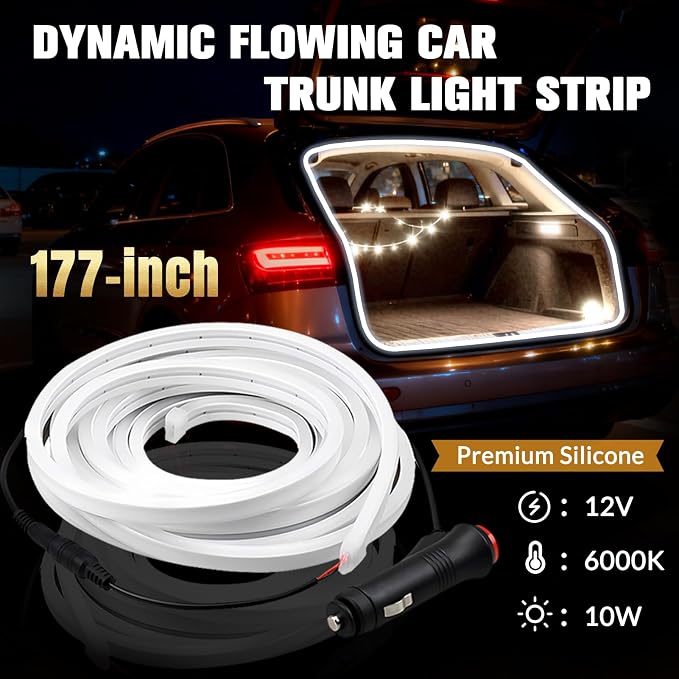 DIBMS 177" Car Trunk LED Light Interior Kit, Starting Streamer Scanning Magnetic Sensing White Ambient Lighting Strip Silicone Waterproof 12V Universal Auto Parts LED Lights for Cars