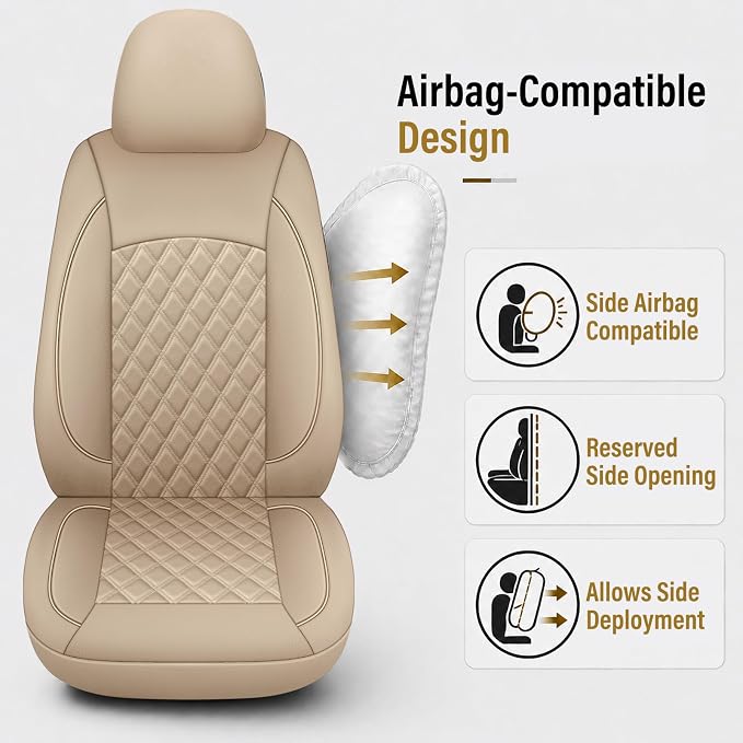 HChengkikz Car Seat Cover, Waterproof Nappa Leather (Beige) | Breathable, Airbag compatible, Easy to Install, Universal Fit for Most Cars, Sedans, SUVs, Vans, Trucks