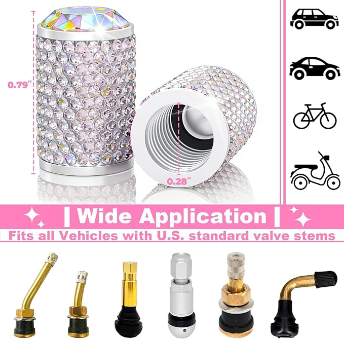 BFXM 4Pcs Car Tire Valve Stem Caps, Bling Tire Air Cap for Car, Car Accessories for Women Universal Stem Covers, Anodized Aluminum Tires Valve Cap with O Rubber Ring, Crystal Diamond