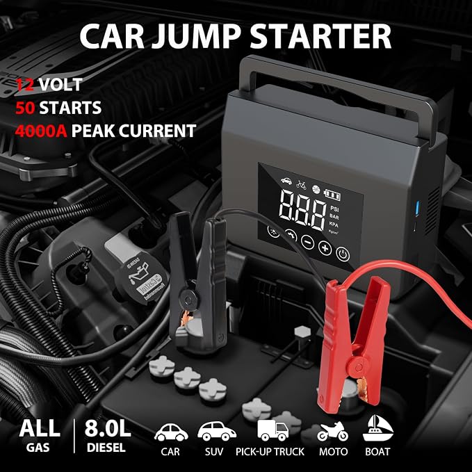 Jump Starter with Air Compressor, 4000A Car Battery Jump Starter(All Gas/8.0L Diesel) with 150PSI Tire Inflator 12V Car Battery Jump Power, Power Bank with LED Light, with Type-C Quick Charge