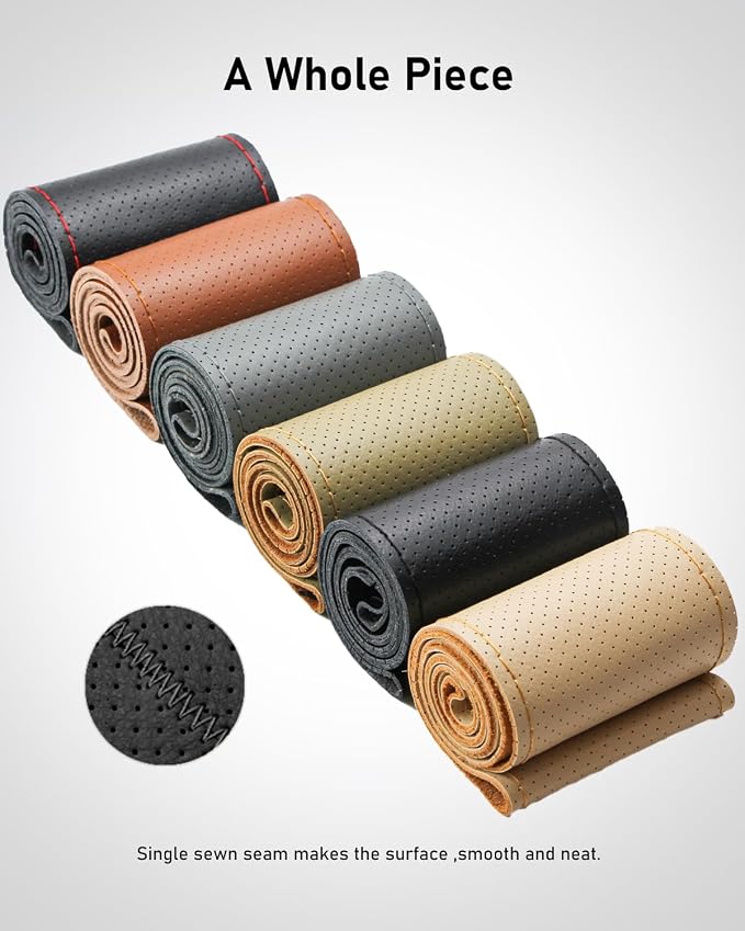 Belinous Perforated Leather Car Steering Wheel Cover (Size M0, Black) | Stitch On Wrap, Universal fit 13-20 Inch, Whole Piece of Cowhide, DIY w/Needle Thread, Breathable Anti-Slip Design
