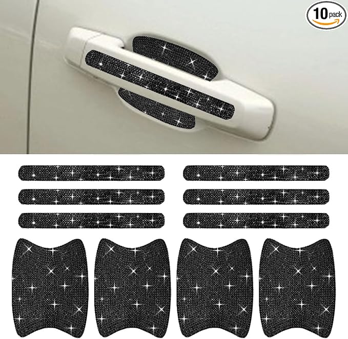 ZIMISI 10PCS Bling Car Door Handle Protector, Crystal Rhinestone Anti-Scratch Car Bowl Decoration Sticker Decal, Universal Auto Exterior Door Protective Covers Accessories for Women (Black)