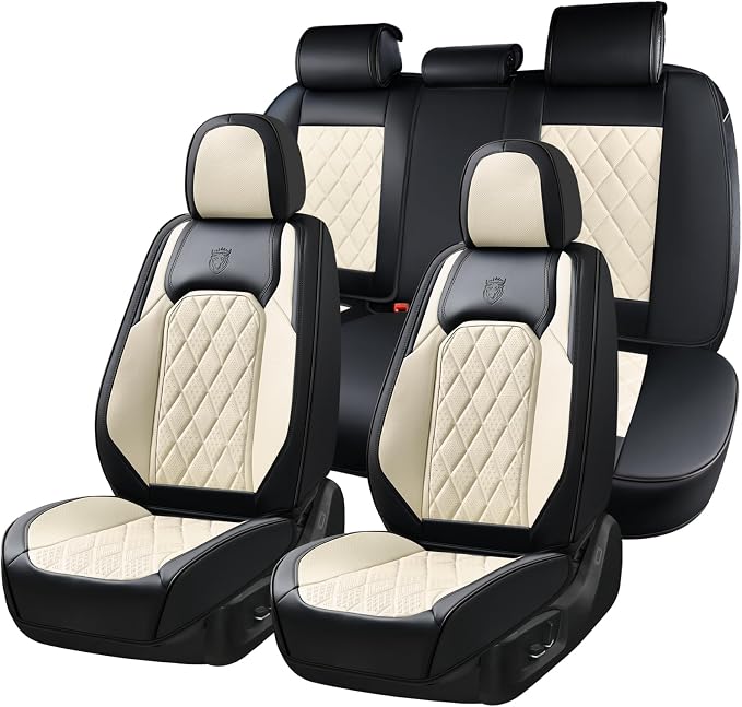 Coverado Car Seat Covers Full Set, Luxury Faux Leather Waterproof Seat Cover, Black and White Car Seat Covers, Car Seat Protector, Automotive Seat Covers Universal Fit for Most Cars, Black&White